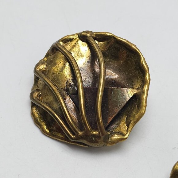 Vintage Brass Abstract Clip-On Earrings Textured Design Gold-Tone Backing - Picture 2 of 6
